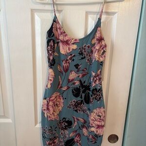 Almost Famous Teal Slip Dress with Pink Floral Print